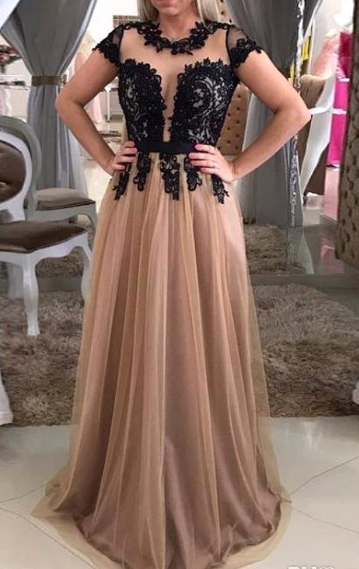 MACloth Cap Sleeves Lace Tulle Long Prom Dress Champagne Black Formal Evening Gown