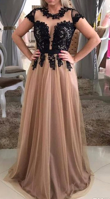 MACloth Cap Sleeves Lace Tulle Long Prom Dress Champagne Black Formal Evening Gown