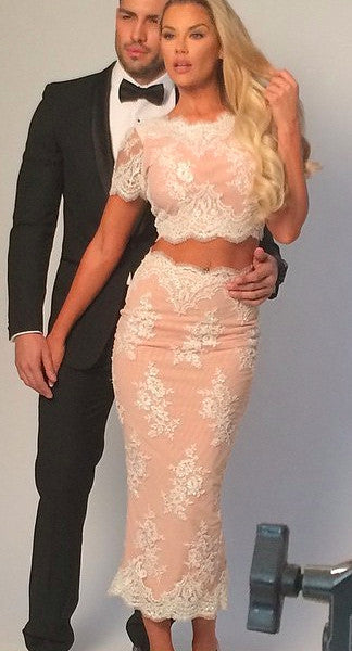 MACLoth Sheath Short Sleeves Lace Cocktail Dress Tea Length Prom Formal Gown