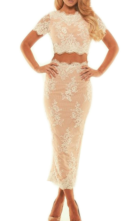 MACLoth Sheath Short Sleeves Lace Cocktail Dress Tea Length Prom Formal Gown