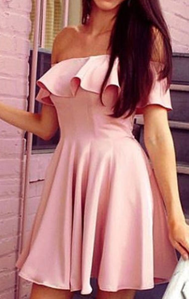 MACloth Off the Shoulder Pink Short Prom Homecoming Dress Pink Wedding Party Dress