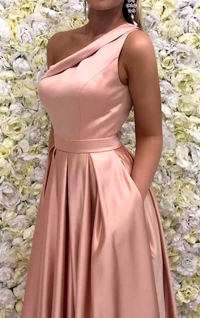 MACloth One Shoulder Long Satin Prom Dress Pink Formal Evening Gown