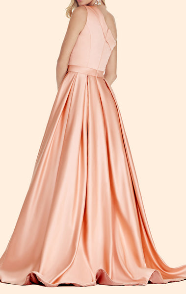 MACloth One Shoulder Long Satin Prom Dress Pink Formal Evening Gown