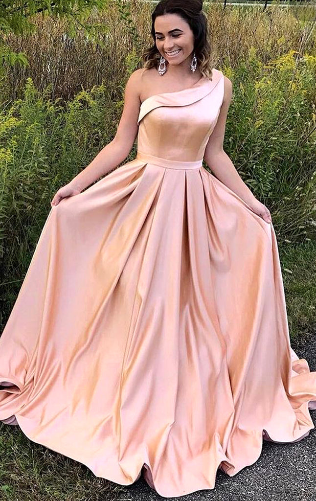 MACloth One Shoulder Long Satin Prom Dress Pink Formal Evening Gown