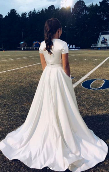 MACloth Short Sleeves 2 Piece Ivory Prom Dress Elegant Formal Evening Gown