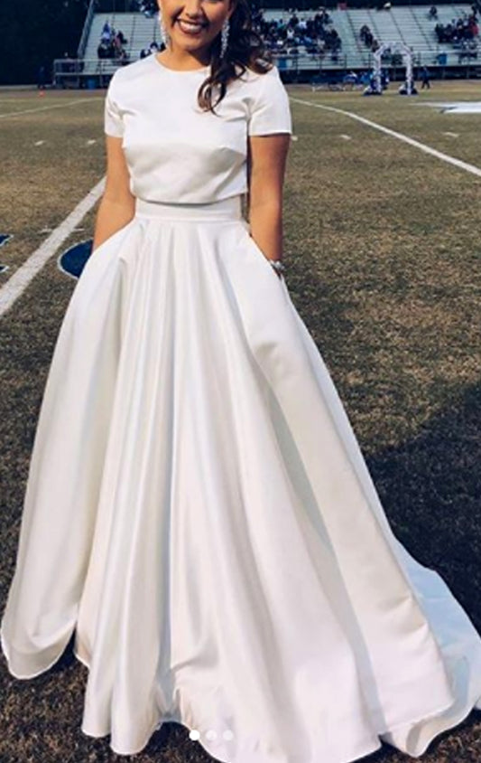 MACloth Short Sleeves 2 Piece Ivory Prom Dress Elegant Formal Evening Gown