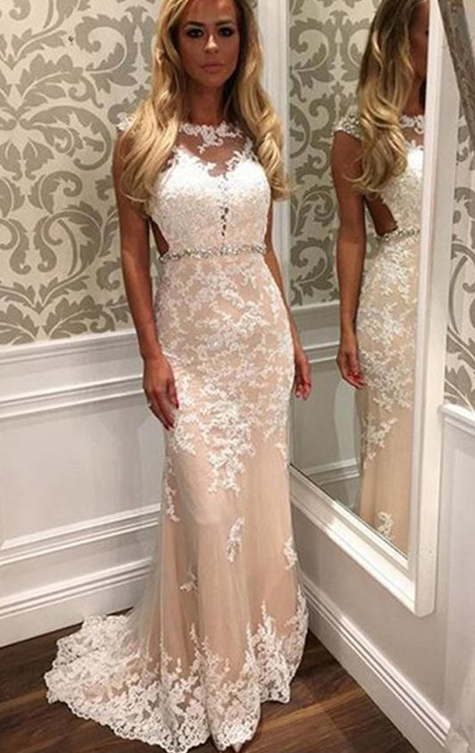 MACloth Cap Sleeves Lace Long Prom Dress Ivory Formal Evening Gown