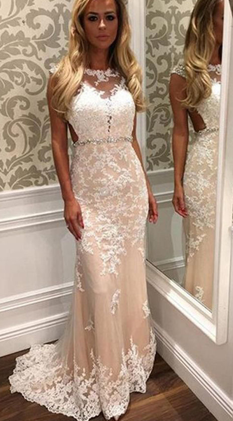 MACloth Cap Sleeves Lace Long Prom Dress Ivory Formal Evening Gown