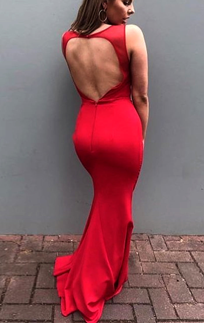 MACloth Mermaid O Neck Red Long Prom Dress with Open Back Jersey Forma MACloth Mermaid O Neck Red Long Prom Dress with Open Back Jersey Forma