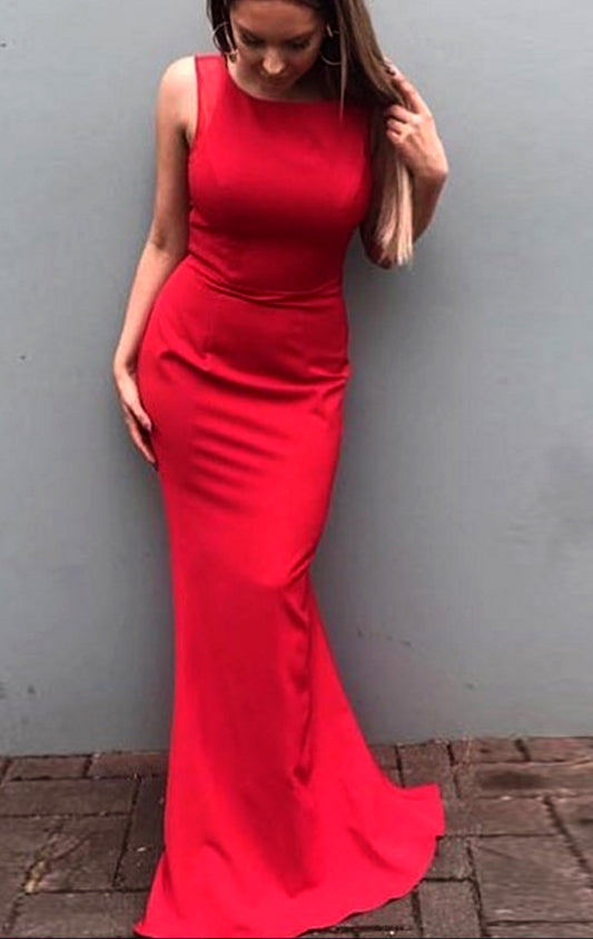 Vestido de fiesta largo de jersey rojo con escote redondo y espalda abierta de MACloth, estilo sirena, vestido de noche formal 10621
