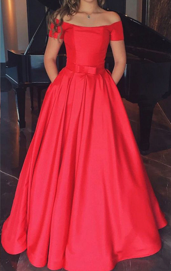 MACloth Off the Shoulder Red Long Prom Dress Satin Formal Evening Gown