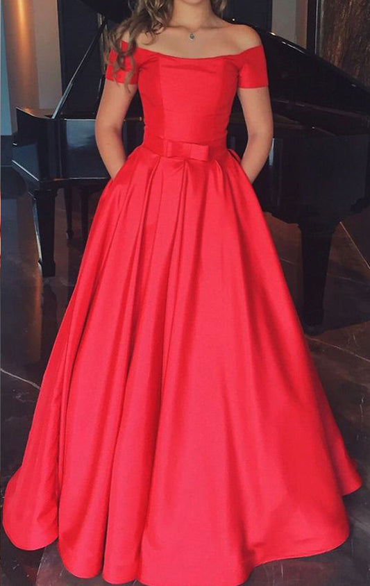 MACloth Off the Shoulder Red Long Prom Dress Satin Formal Evening Gown