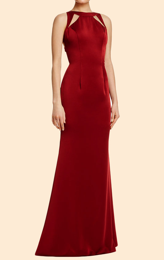 Vestido de fiesta largo de satén con escote redondo en color burdeos de MACloth