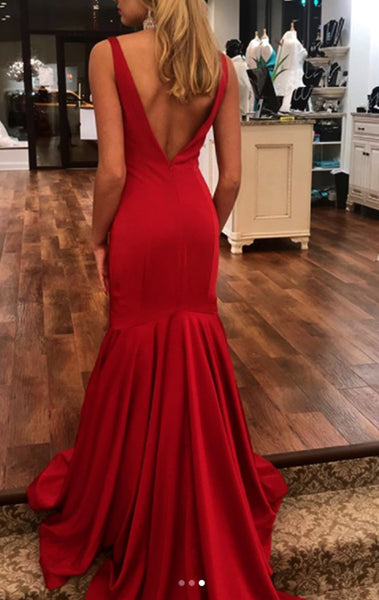 MACloth Mermaid V Neck Jersey Long Prom Dress Red Formal Evening Gown 10625