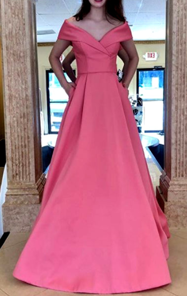 MACloth Off the Shoulder Pink Long Prom Dress Simple Formal Evening Gown 10627