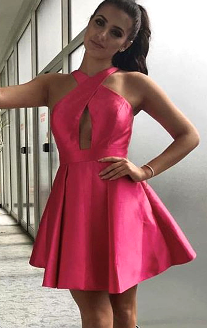 Vestido corto fucsia con cuello halter MACLoth para fiesta de graduación y regreso a casa, vestido de satén para fiesta de boda