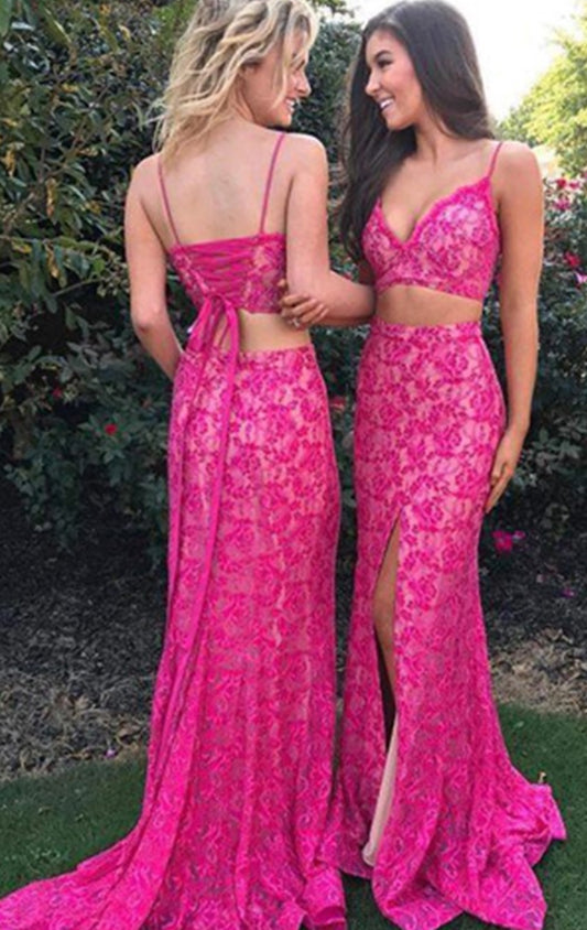 Hermoso vestido de fiesta largo de encaje fucsia de 2 piezas con escote en V de MACloth