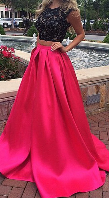 MACloth Cap Sleeves 2 Piece Fuchsia Long Prom Dress Gorgeous Formal Evening Gown