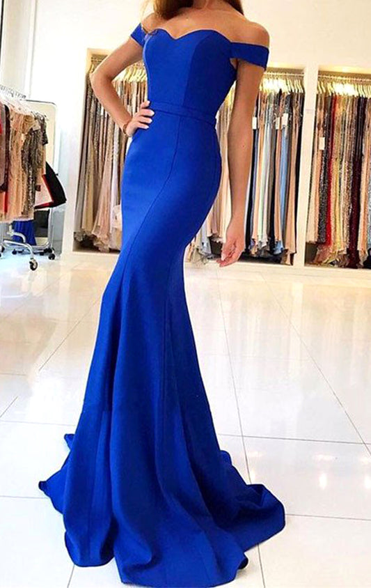 Vestido de fiesta de noche formal azul real con escote de sirena y hombros descubiertos de MACloth 10631