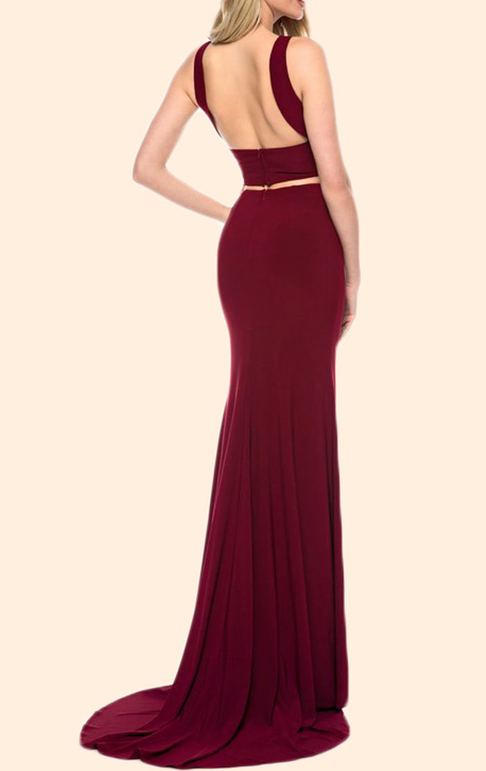 MACloth Neckholder zweiteiliges langes Meerjungfrau-Ballkleid in Burgunderrot, formelles Abendkleid