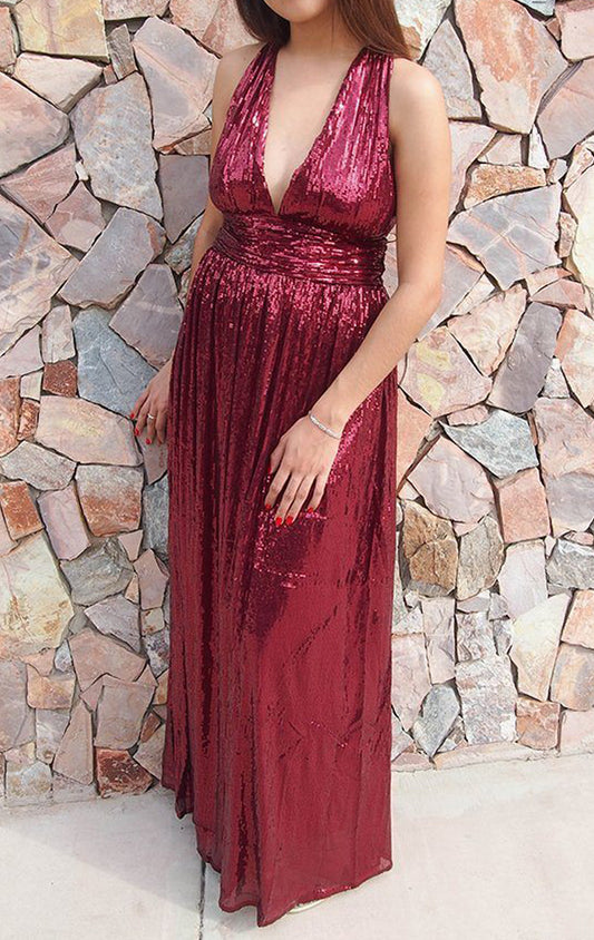 Vestido de fiesta largo con escote en V profundo y lentejuelas de MACloth, vestido de noche formal color burdeos