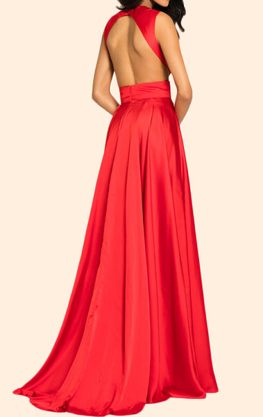 MACloth O Neck Satin Chiffon Long Prom Dress Red Formal Evening Gown