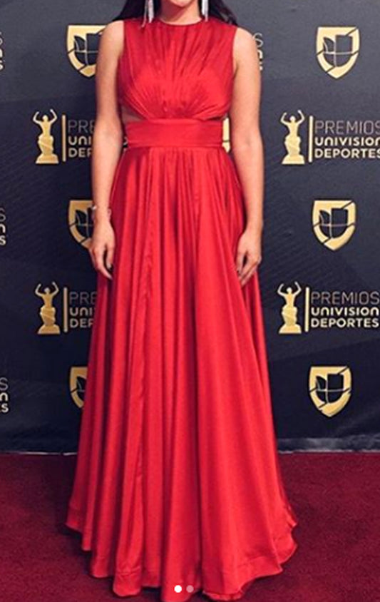 Vestido de fiesta largo de gasa satinada con cuello redondo de MACloth, vestido de noche formal rojo