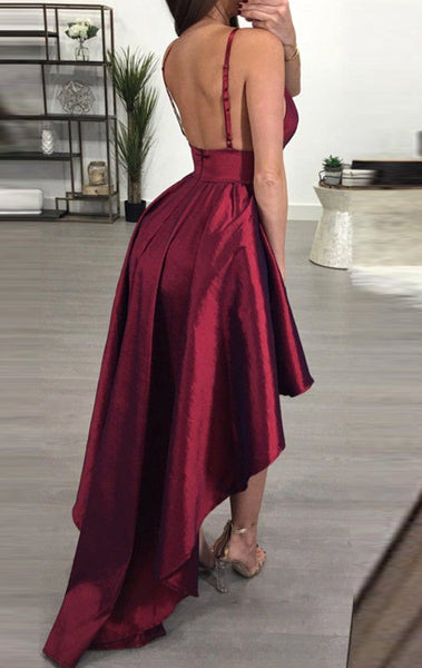 MACloth Straps Deep V Neck High Low Prom Dress Burgundy Sexy Formal Evening Gown
