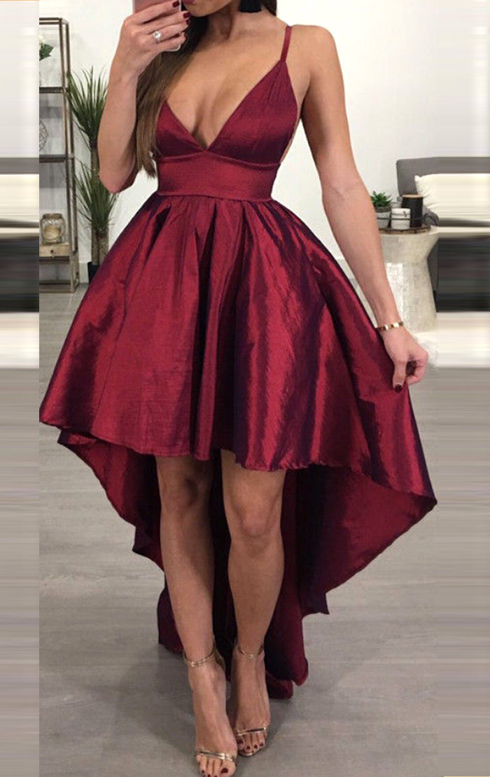 MACloth Straps Deep V Neck High Low Prom Dress Burgundy Sexy Formal Evening Gown