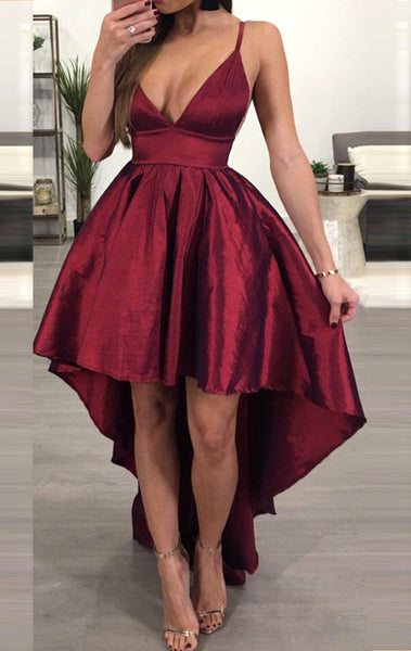 MACloth Straps Deep V Neck High Low Prom Dress Burgundy Sexy Formal Evening Gown