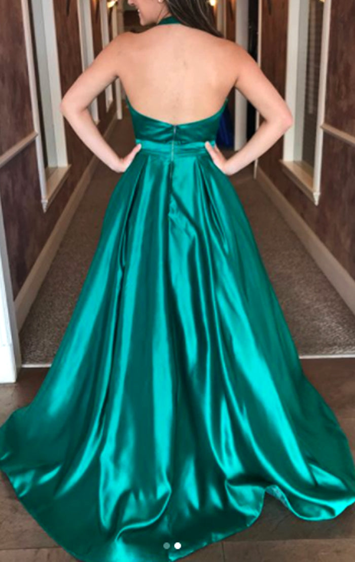 MACloth Deep V Neck Long Prom Dress Satin Formal Evening Gown