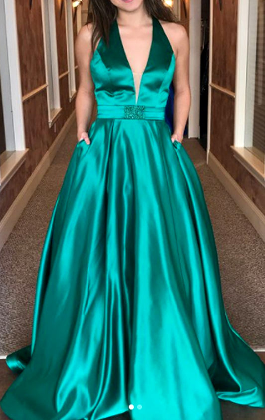 MACloth Deep V Neck Long Prom Dress Satin Formal Evening Gown