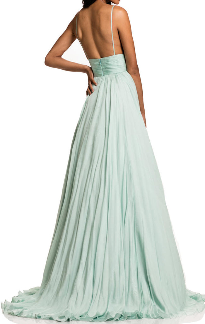 Vestido de fiesta largo de gasa con escote en V y tirantes finos de MACloth, vestido de noche formal color menta