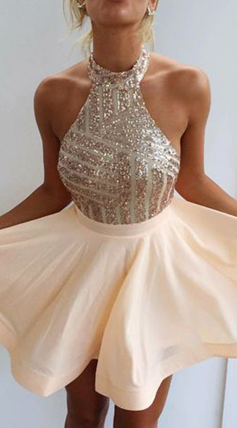 MACloth Halter Sequin Rose Gold Prom Homecoming Dress Mini Wedding Party Dress