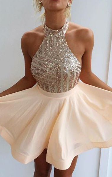 MACloth Halter Sequin Rose Gold Prom Homecoming Dress Mini Wedding Party Dress