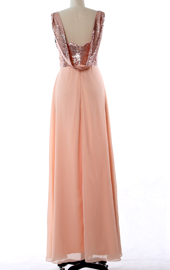 blue dress for baby girl Macloth Straps Sequin Chiffon Long Bridesmaid Dress Simple Prom Gown Rose Gold / Above Knee / US4