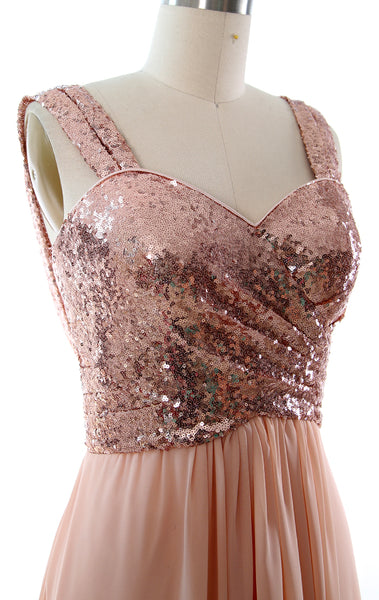 MACloth Straps Sequin Chiffon Long Bridesmaid Dress Simple Prom Gown