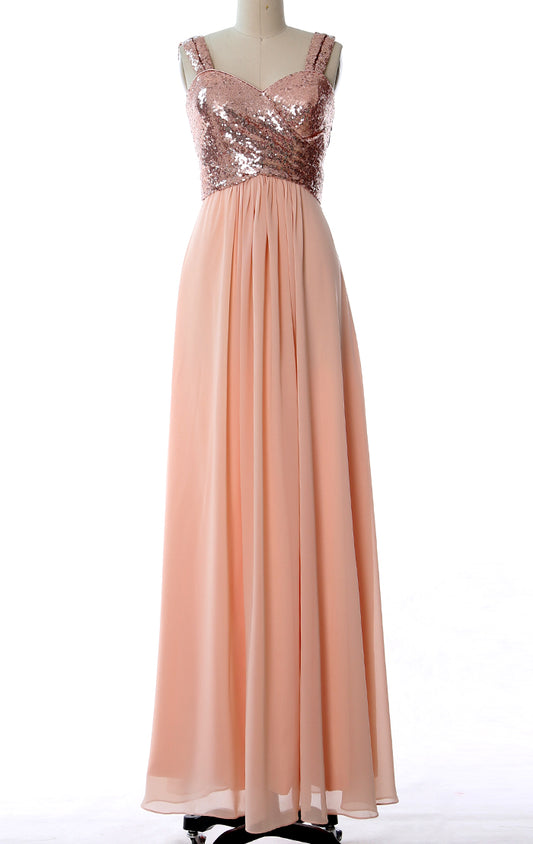MACloth Straps Sequin Chiffon Long Bridesmaid Dress Simple Prom Gown