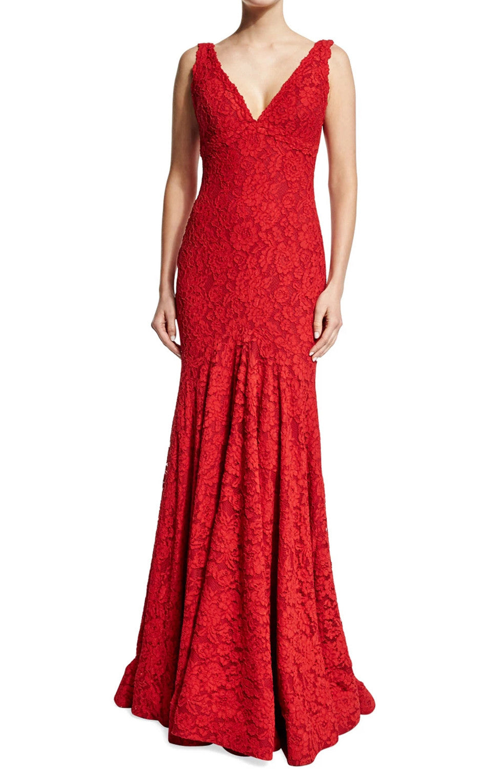 MACloth Mermaid Straps V Neck Lace Red Evening Gown Prom Dress