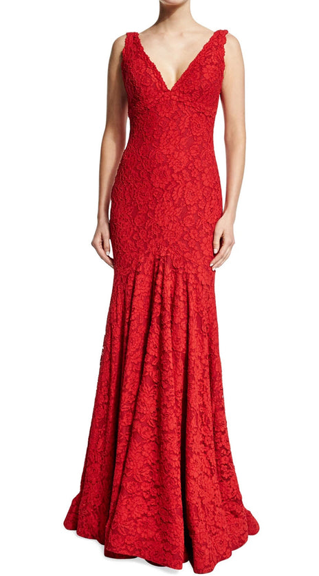 MACloth Mermaid Straps V Neck Lace Red Evening Gown Prom Dress
