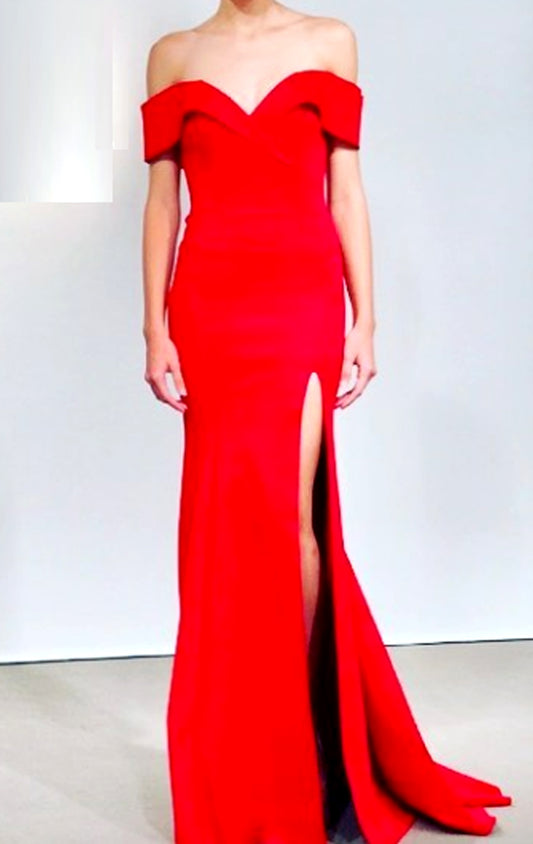 Vestido de fiesta elegante de noche formal con escote en V y corte sirena en color rojo de MACloth