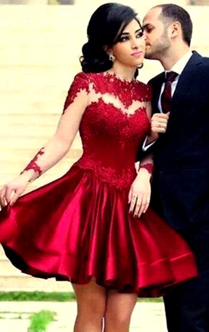 MACloth Long Sleeves Illusion Red Mini Prom Homecoming Dress Lace Wedding Party Dress