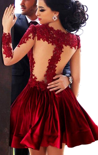 MACloth Long Sleeves Illusion Red Mini Prom Homecoming Dress Lace Wedding Party Dress