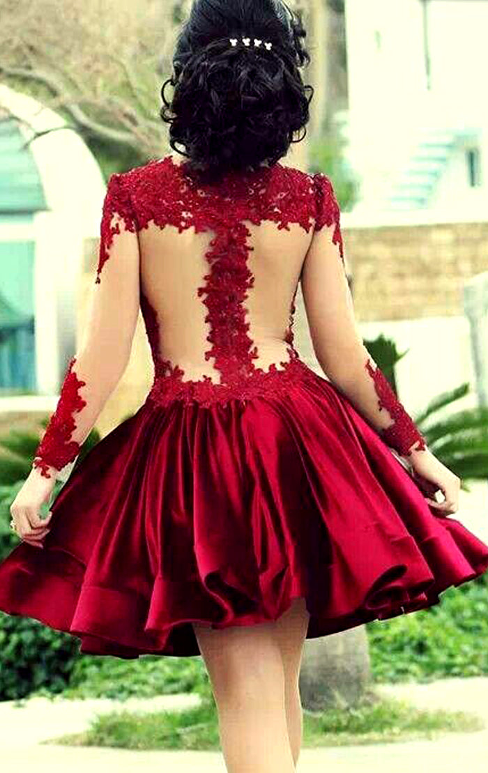 MACloth Long Sleeves Illusion Red Mini Prom Homecoming Dress Lace Wedding Party Dress