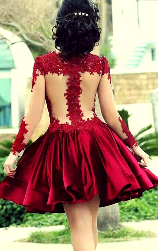 Vestido mini de fiesta de boda con encaje y mangas largas color rojo ilusión de MACloth