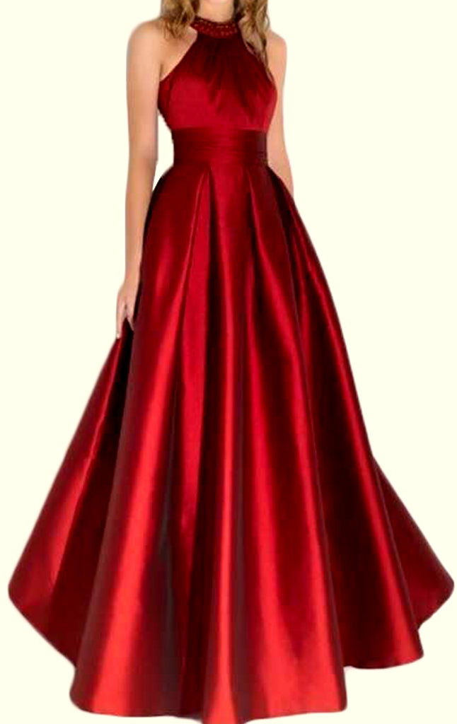 MACloth Halter High Neck Burgundy Long Prom Dress Satin Formal Evening Gown