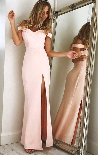 MACloth Off the shoulder Long Prom Dress with Slit Burgundy Formal Evening Gown