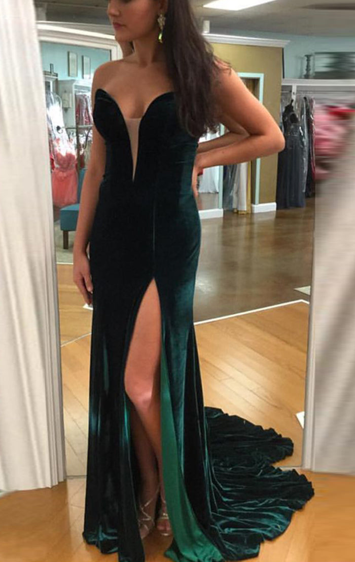 Vestido de fiesta largo de terciopelo con escote en forma de corazón y sirena sin tirantes de MACloth, vestido de noche formal verde