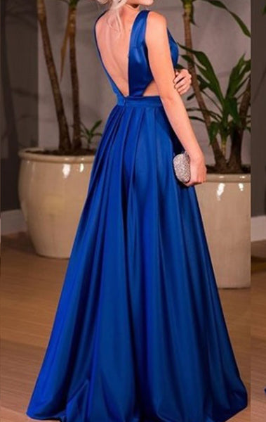MACloth Deep V Neck Satin Long Prom Dress Royal Blue Formal Evening Gown