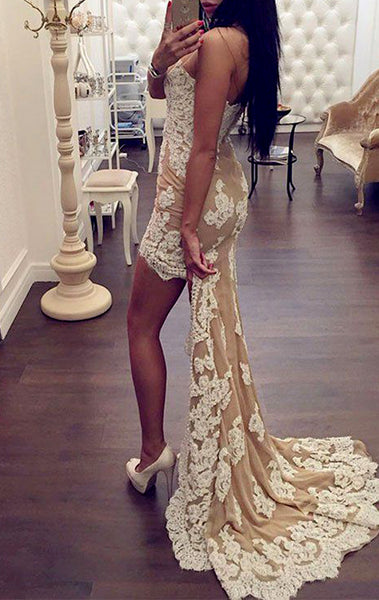 MACloth Strapless High Low Lace Prom Dress Ivory Formal Evening Gown